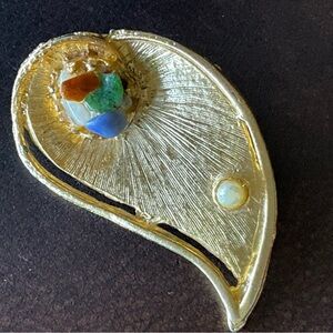 Gold Toned Brooch Pin with Multicolor Accents and Faux Pearl Vintage